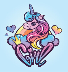 Unicorn gradient illustration with rainbow, clouds, crown, heart, bow and graffiti text Girl. Cartoon pony with horn.
