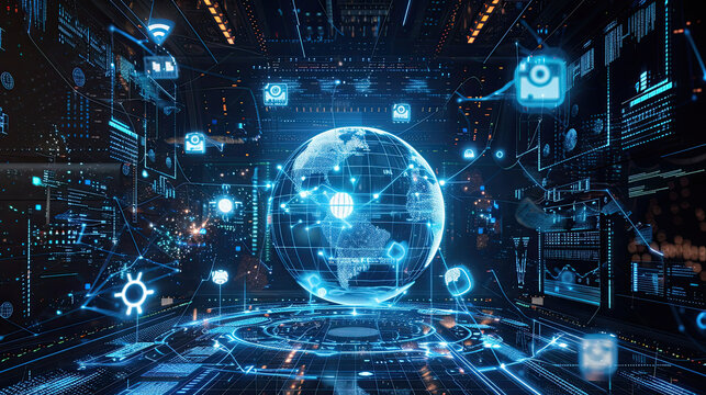 Image of digital interface with globe of icons and network of connections with VR headset.