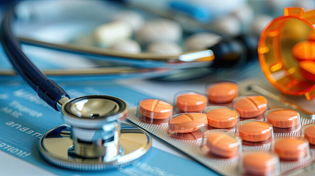 Image of medical icons over pills and stethoscope.