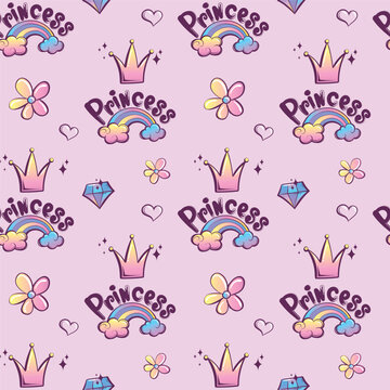 Seamless hand drawn vector pattern with cute cartoon rainbow, clouds and stars on pink background. Design for print, fabric , wallpaper, card