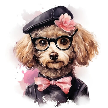 Poodle wearing glasses and hat with a pink flower and a pink bow tie watercolor