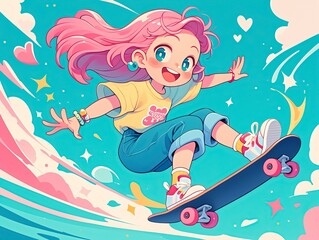 cute girl with pink hair skateboarding