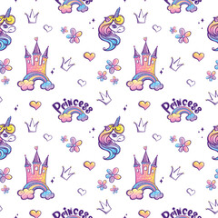 Seamless pattern with cartoon unicorn, castle, hearts, clouds, rainbow, text Princess. Flat style colorful vector illustration for kids. hand drawing. baby design for fabric, textile, print, wrapper.