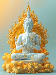 beautiful 3D image of a thai buddha The attitude of meditation,palm facing out, on golden cloud, in the style of sketchfab, yellow and light blue, elaborate detailing, copy space - generative ai