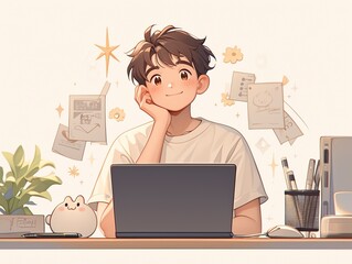 cartoon cute young guy student sitting with laptop