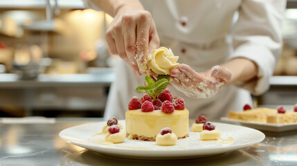 Pastry chef is completing a dessert in a hotel or restaurant kitchen.