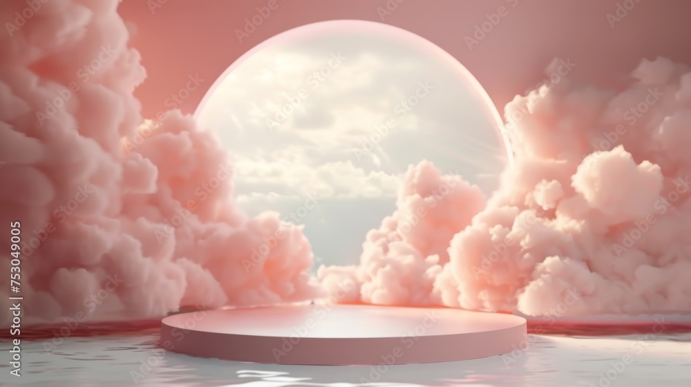 Poster dreamy cloud background podium with orange 3d product display platform in minimalist studio setting
