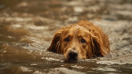 A rescue Golden Retriever swimming through floodwaters