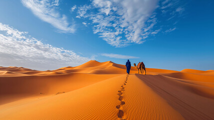 Two people and camel trekking across desert with orange sand dunes under blue sky with wispy clouds - Powered by Adobe