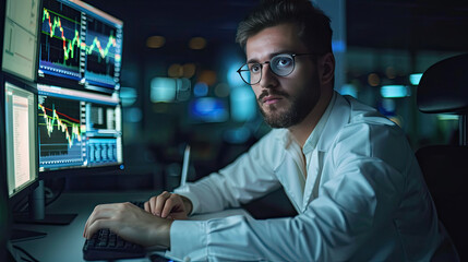 Portrait of Young Handsome Stock Exchange Broker Working on Computer, Researching Real-Time Stocks Data, Analyzing Commodities and Exchange Market Charts. Professional Investment Agent in Office.
