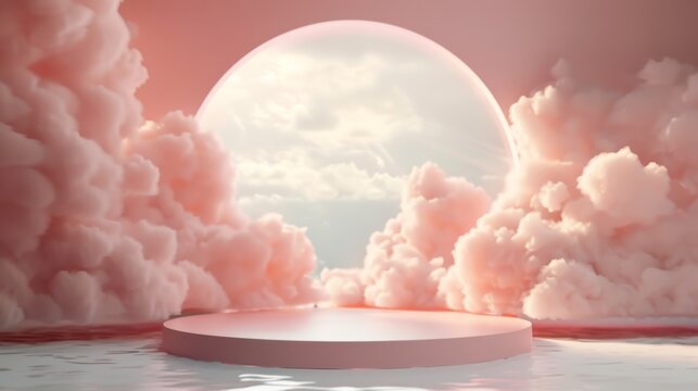 Dreamy cloud background podium with orange 3d product display platform in minimalist studio setting