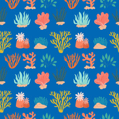 Fototapeta na wymiar Seamless pattern with colorful different seaweeds on a blue background. Vector