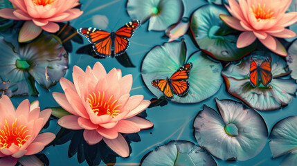 The Tropical butterfly pattern, tropical flowers background. Tropical floral pattern. Exotic Butterfly Daphnis nerii on water-lily.