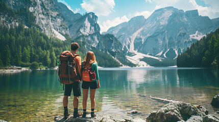 Travelers couple look at the mountain lake. Travel and active life concept with team. Adventure and travel in the mountains region in the Austria.