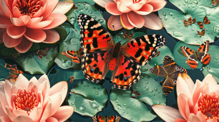 The Tropical butterfly pattern, tropical flowers background. Tropical floral pattern. Exotic Butterfly Daphnis nerii on water-lily.