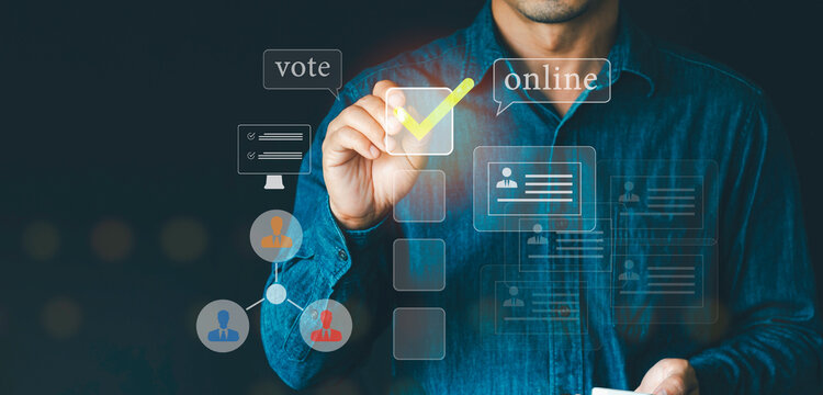 E-voting or online voting concept, Electronic internet voting, Click on virtual button with text voting, Decide to vote, Technology election internet system, review satisfaction feedback survey