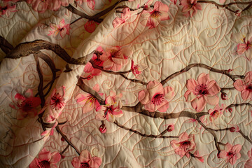 Cozy Blossom Comfort: Quilted Fabric with Cherry Blossom Embroidery