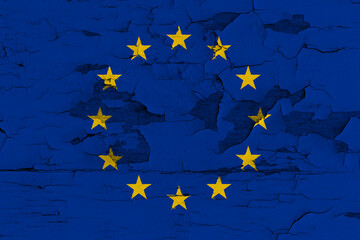 European Union Flag Painted on Old Wood Plank Background