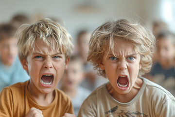 Children Victims Aggression. School boys fight in a classroom, kids aggression and bullying concept - obrazy, fototapety, plakaty