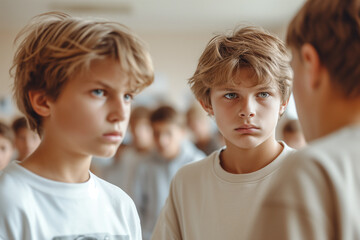 Children Victims Aggression. School boys fight in a classroom, kids aggression and bullying concept