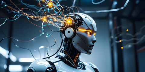 Neural networks and their training with human intelligence. The robot interacts with the brain by means of electrical discharges. the concept of AI technology - obrazy, fototapety, plakaty