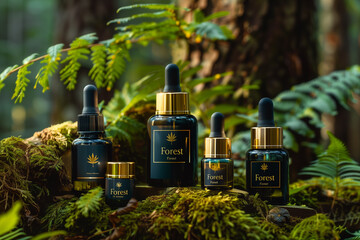 Trees and moss in the forest, cosmetic brand advertising photo, essence bottle