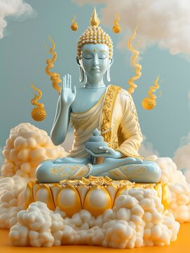 beautiful 3D image of a thai buddha The attitude of meditation,palm facing out, on golden cloud, in the style of sketchfab, yellow and light blue, elaborate detailing, copy space - generative ai