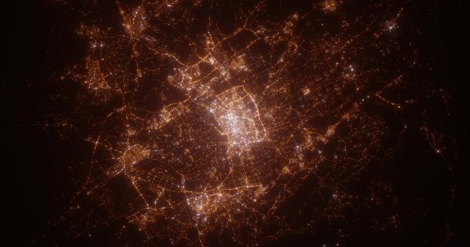 Murcia (Spain) aerial view at night. View on modern city from space. Camera is zooming in, rotating counterclockwise