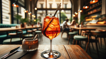 Aperol Spritz cocktail, vibrant and refreshing, sitting on a wooden table - obrazy, fototapety, plakaty