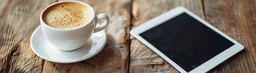 A close-up photo of a steaming cup of coffee and a digital tablet on a wooden table. The tablet screen is displaying a news website. - obrazy, fototapety, plakaty