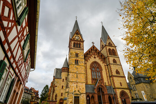 Traditional architecture with old half-timbered houses in the town of Heppenheim an der Bergstrasse.
