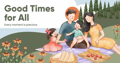 Facebook Template With Family Fun Day Conceptwatercolor Style