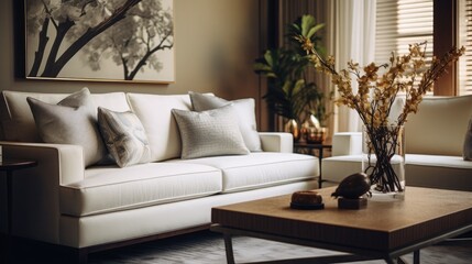 Close up details of stylish modern living room with cream settee