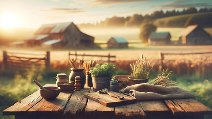 wooden table set against the soft, blurred backdrop of a farm - obrazy, fototapety, plakaty
