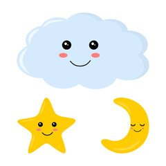 Set of cartoon star, moon and cloud with funny and sleepy faces isolated on white background. Baby cute characters in flat style. Colorful kids kawaii weather elements. Vector illustration