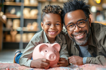 Father teaches child to save money using piggy bank, illustrating financial education. Financial literacy for children. - obrazy, fototapety, plakaty