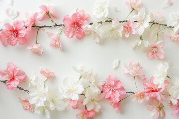 Hanami Harmony: Delicate Faux Cherry Blossoms Spread on Pristine White