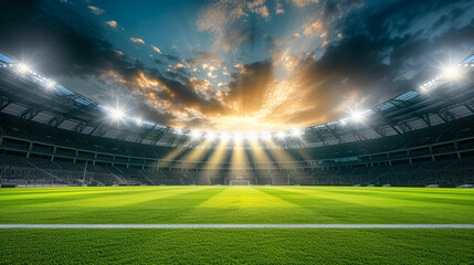 The backdrop of a soccer stadium field, ready for action and sporting excitement