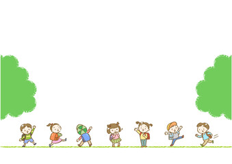 新緑の中、ランドセルを背負った元気な子供達の手描きイラストフレーム