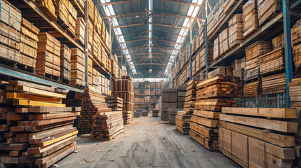 A lumber yard filled with stacks of wooden beams and planks resting on metal racks. Construction store, sawmill. - obrazy, fototapety, plakaty
