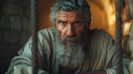 A poignant depiction of a man resembling the biblical Paul, with a penetrating gaze and a beard, suggesting deep contemplation, possibly in confinement. - obrazy, fototapety, plakaty