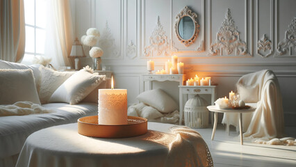 A white room interior decor accentuated by the gentle glow of a burning hand-made candle