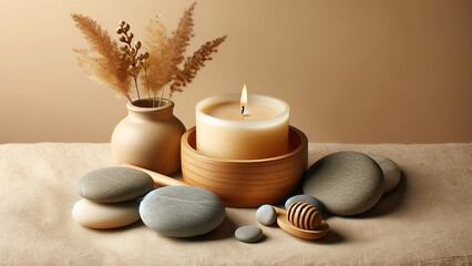 Fototapeta na wymiar Aroma candle perched on a beige background, accompanied by smooth stones, embodying warm aesthetic
