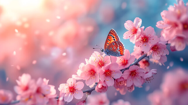 Branches blossoming cherry on background blue sky, fluttering butterflies in spring on nature outdoors. Pink sakura flowers, amazing colorful dreamy romantic artistic image spring nature, copy space