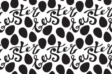 Seamless pattern of Easter lettering and ornamental eggs. Vector black holiday decorations, backgrounds and textures. For fabric, textile, wrapping paper, packaging