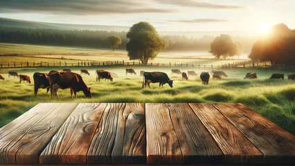 Fotobehang empty wooden table top foregrounding a serene grass field, with cows grazing in the distance © chopoo