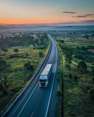 truck on a brazillian highway at sunset, brazillian highway with truck and trailer