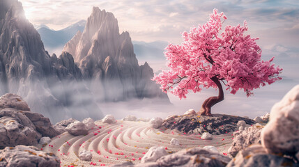 Cherry blossom tree standing on a rocky hill with swirling patterns in the sand, enveloped in misty mountain air