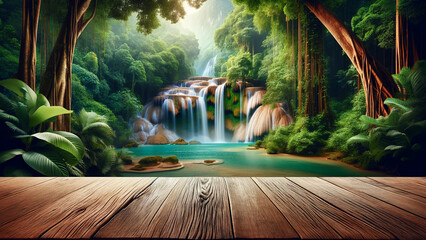 empty wooden table top foregrounds jungle landscape, complete with waterfall