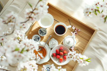 Tranquil Morning Tea: Hanami-Inspired Breakfast with Strawberries and Blossoms
